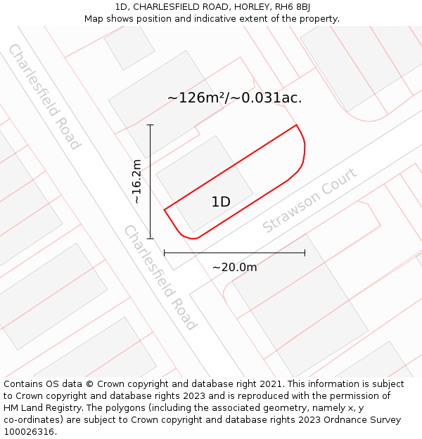 1D, CHARLESFIELD ROAD, HORLEY, RH6 8BJ: Plot and title map