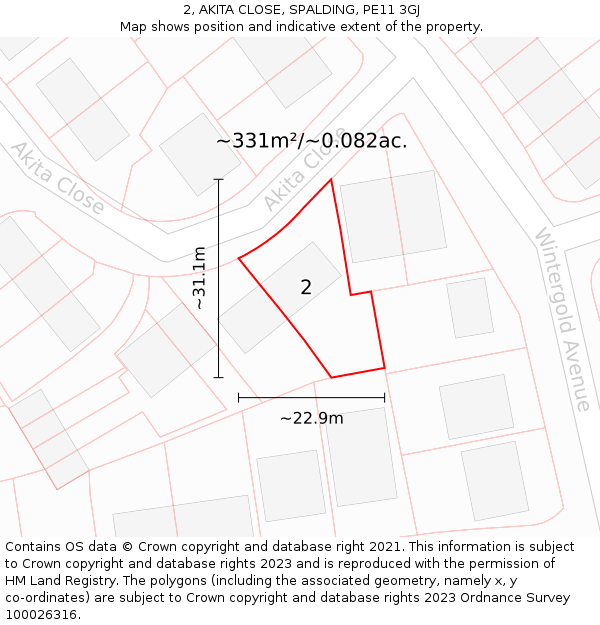 2, AKITA CLOSE, SPALDING, PE11 3GJ: Plot and title map