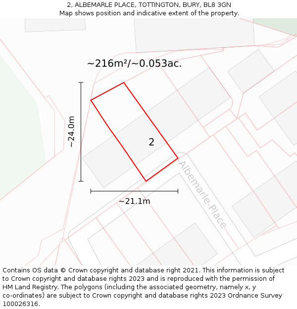 2, ALBEMARLE PLACE, TOTTINGTON, BURY, BL8 3GN: Plot and title map