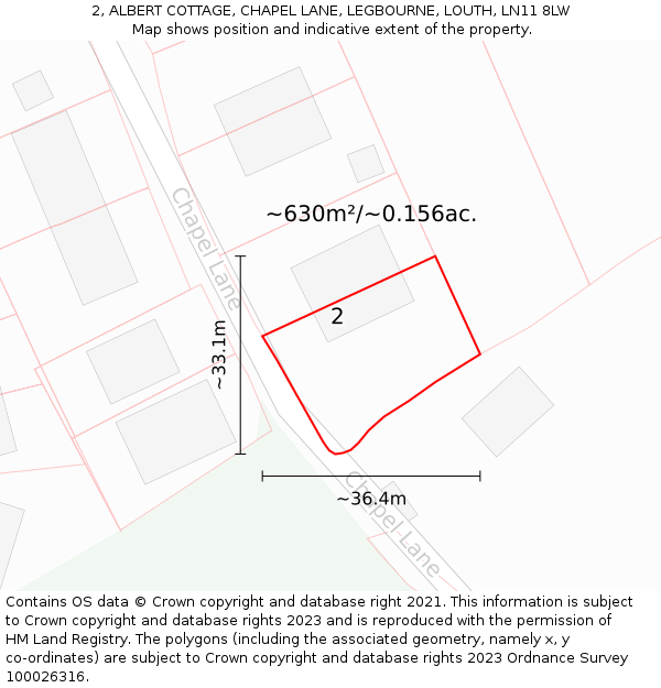 2, ALBERT COTTAGE, CHAPEL LANE, LEGBOURNE, LOUTH, LN11 8LW: Plot and title map