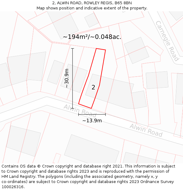 2, ALWIN ROAD, ROWLEY REGIS, B65 8BN: Plot and title map