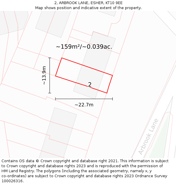 2, ARBROOK LANE, ESHER, KT10 9EE: Plot and title map