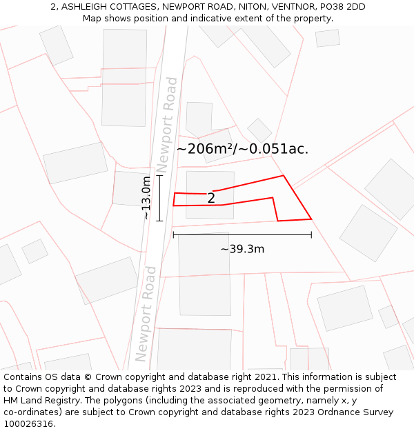 2, ASHLEIGH COTTAGES, NEWPORT ROAD, NITON, VENTNOR, PO38 2DD: Plot and title map