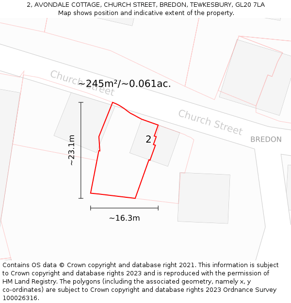 2, AVONDALE COTTAGE, CHURCH STREET, BREDON, TEWKESBURY, GL20 7LA: Plot and title map