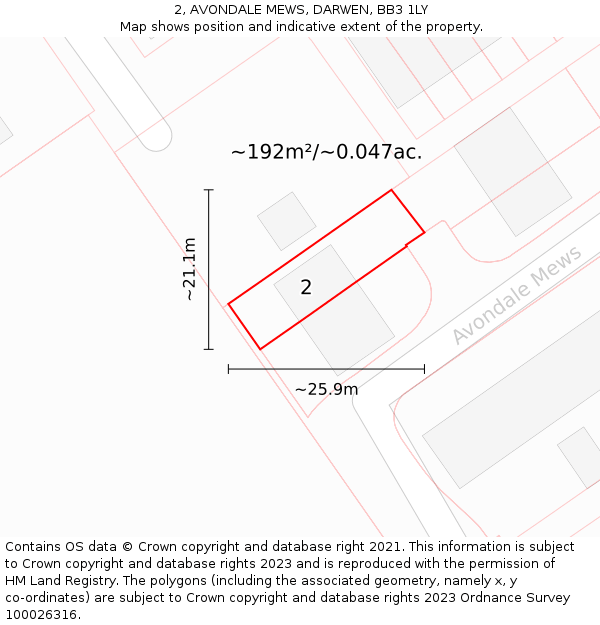 2, AVONDALE MEWS, DARWEN, BB3 1LY: Plot and title map