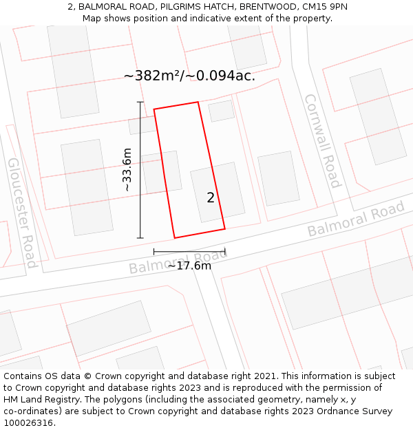 2, BALMORAL ROAD, PILGRIMS HATCH, BRENTWOOD, CM15 9PN: Plot and title map