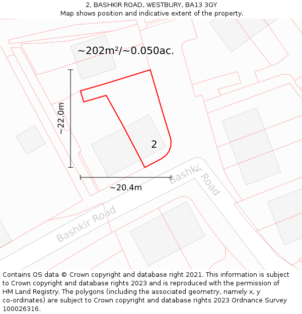 2, BASHKIR ROAD, WESTBURY, BA13 3GY: Plot and title map