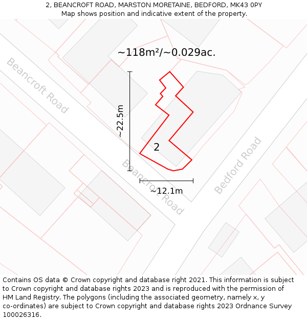2, BEANCROFT ROAD, MARSTON MORETAINE, BEDFORD, MK43 0PY: Plot and title map