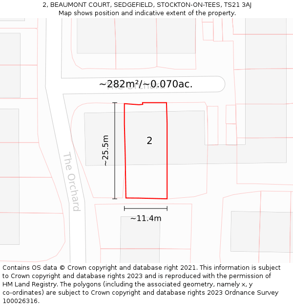 2, BEAUMONT COURT, SEDGEFIELD, STOCKTON-ON-TEES, TS21 3AJ: Plot and title map