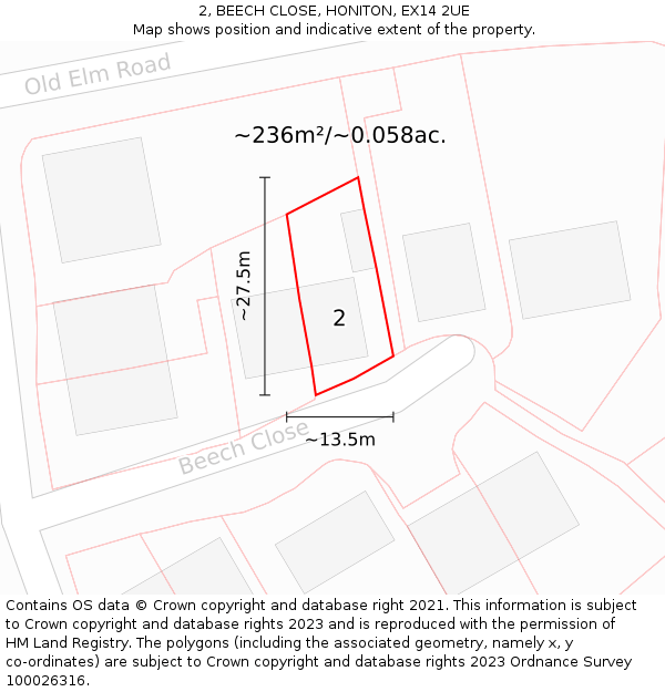 2, BEECH CLOSE, HONITON, EX14 2UE: Plot and title map