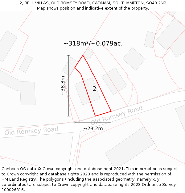 2, BELL VILLAS, OLD ROMSEY ROAD, CADNAM, SOUTHAMPTON, SO40 2NP: Plot and title map