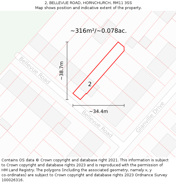 2, BELLEVUE ROAD, HORNCHURCH, RM11 3SS: Plot and title map