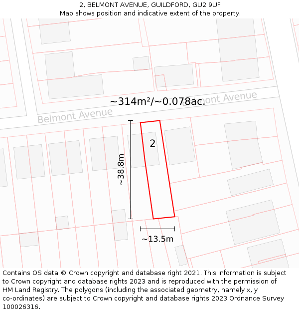 2, BELMONT AVENUE, GUILDFORD, GU2 9UF: Plot and title map