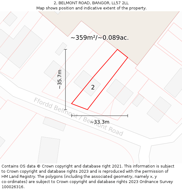 2, BELMONT ROAD, BANGOR, LL57 2LL: Plot and title map