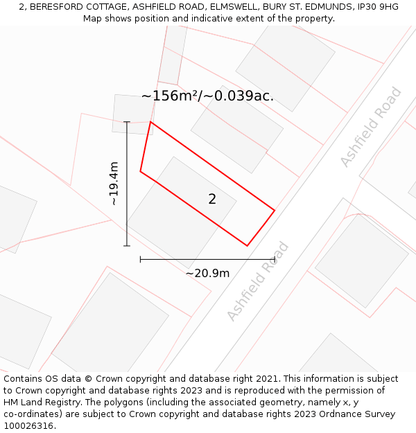 2, BERESFORD COTTAGE, ASHFIELD ROAD, ELMSWELL, BURY ST. EDMUNDS, IP30 9HG: Plot and title map