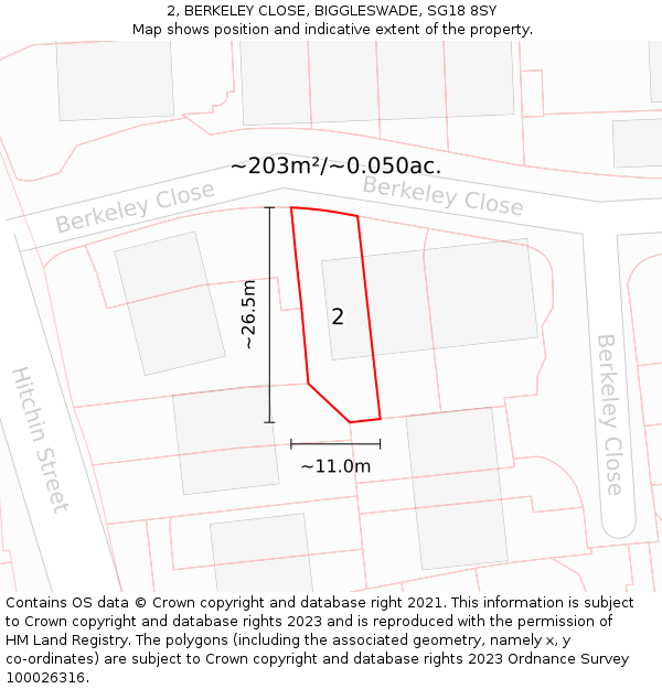 2, BERKELEY CLOSE, BIGGLESWADE, SG18 8SY: Plot and title map