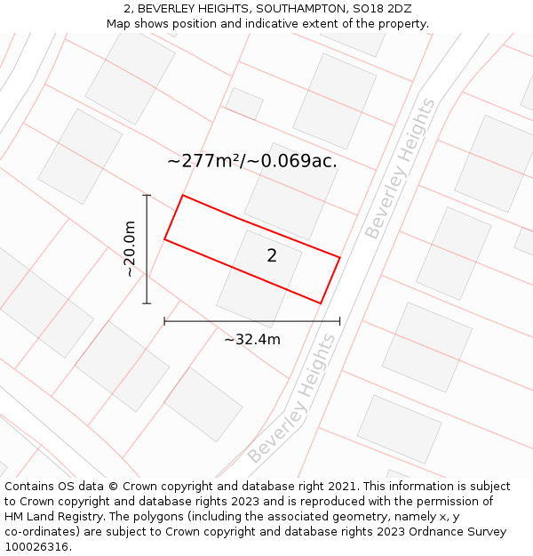 2, BEVERLEY HEIGHTS, SOUTHAMPTON, SO18 2DZ: Plot and title map