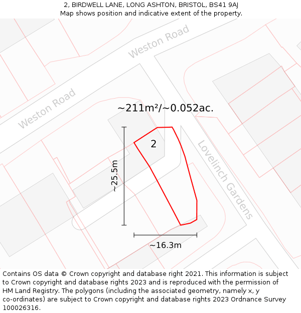 2, BIRDWELL LANE, LONG ASHTON, BRISTOL, BS41 9AJ: Plot and title map