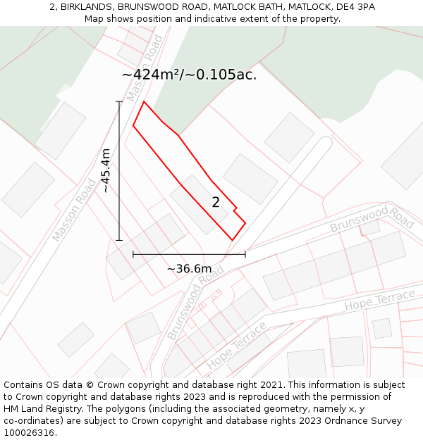 2, BIRKLANDS, BRUNSWOOD ROAD, MATLOCK BATH, MATLOCK, DE4 3PA: Plot and title map
