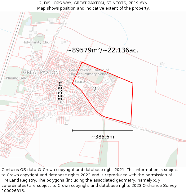 2, BISHOPS WAY, GREAT PAXTON, ST NEOTS, PE19 6YN: Plot and title map