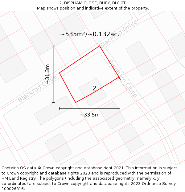 2, BISPHAM CLOSE, BURY, BL8 2TJ: Plot and title map