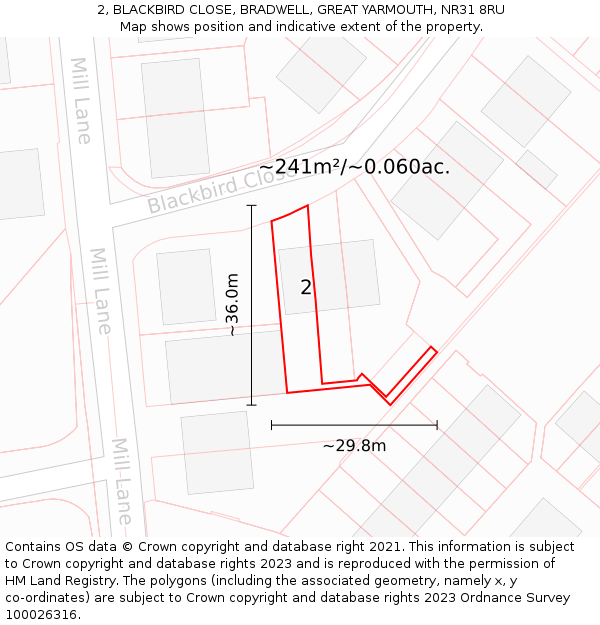 2, BLACKBIRD CLOSE, BRADWELL, GREAT YARMOUTH, NR31 8RU: Plot and title map