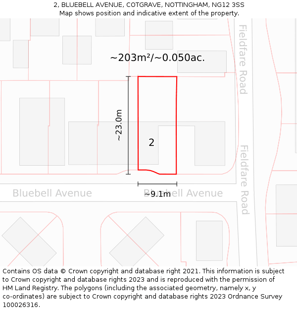 2, BLUEBELL AVENUE, COTGRAVE, NOTTINGHAM, NG12 3SS: Plot and title map