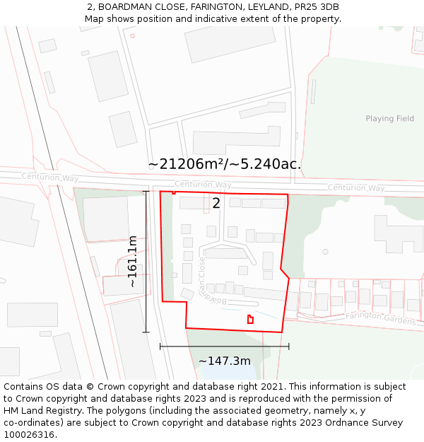 2, BOARDMAN CLOSE, FARINGTON, LEYLAND, PR25 3DB: Plot and title map