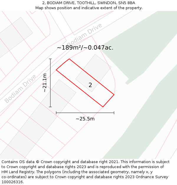2, BODIAM DRIVE, TOOTHILL, SWINDON, SN5 8BA: Plot and title map