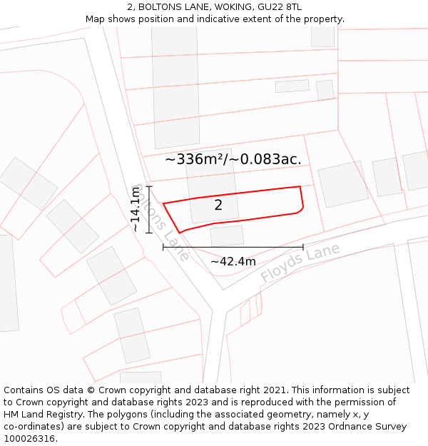 2, BOLTONS LANE, WOKING, GU22 8TL: Plot and title map