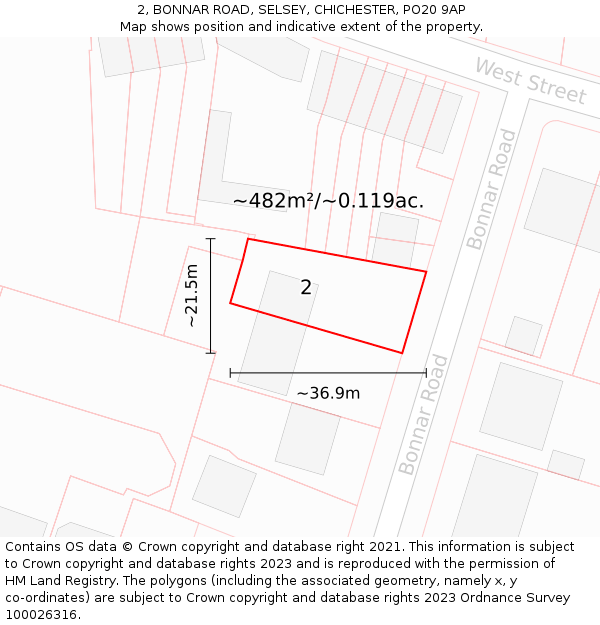 2, BONNAR ROAD, SELSEY, CHICHESTER, PO20 9AP: Plot and title map