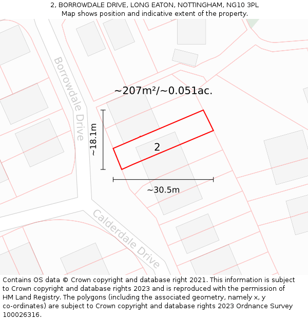 2, BORROWDALE DRIVE, LONG EATON, NOTTINGHAM, NG10 3PL: Plot and title map