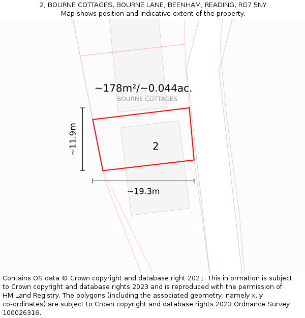 2, BOURNE COTTAGES, BOURNE LANE, BEENHAM, READING, RG7 5NY: Plot and title map