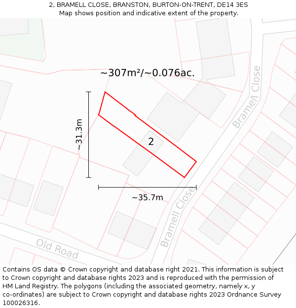 2, BRAMELL CLOSE, BRANSTON, BURTON-ON-TRENT, DE14 3ES: Plot and title map