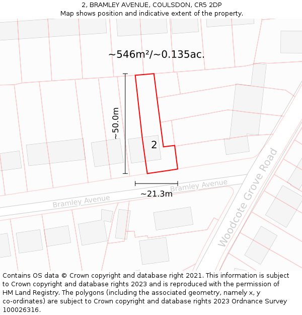 2, BRAMLEY AVENUE, COULSDON, CR5 2DP: Plot and title map