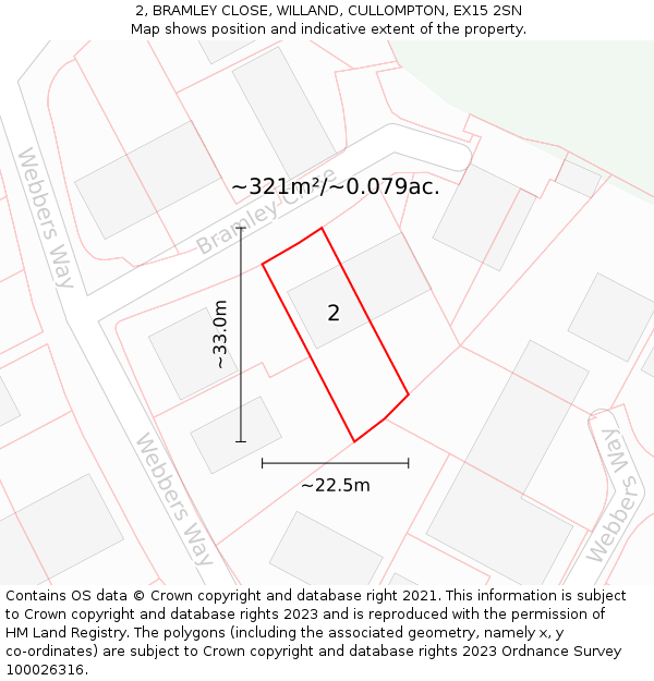 2, BRAMLEY CLOSE, WILLAND, CULLOMPTON, EX15 2SN: Plot and title map