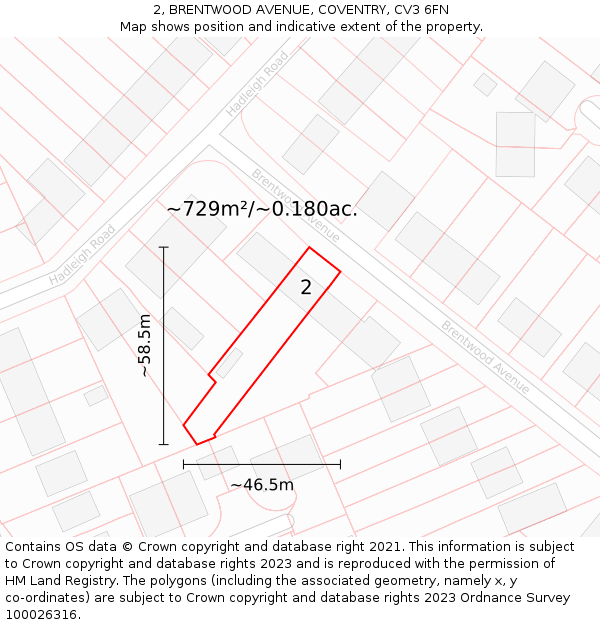 2, BRENTWOOD AVENUE, COVENTRY, CV3 6FN: Plot and title map