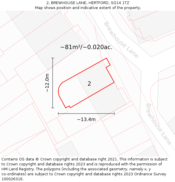 2, BREWHOUSE LANE, HERTFORD, SG14 1TZ: Plot and title map