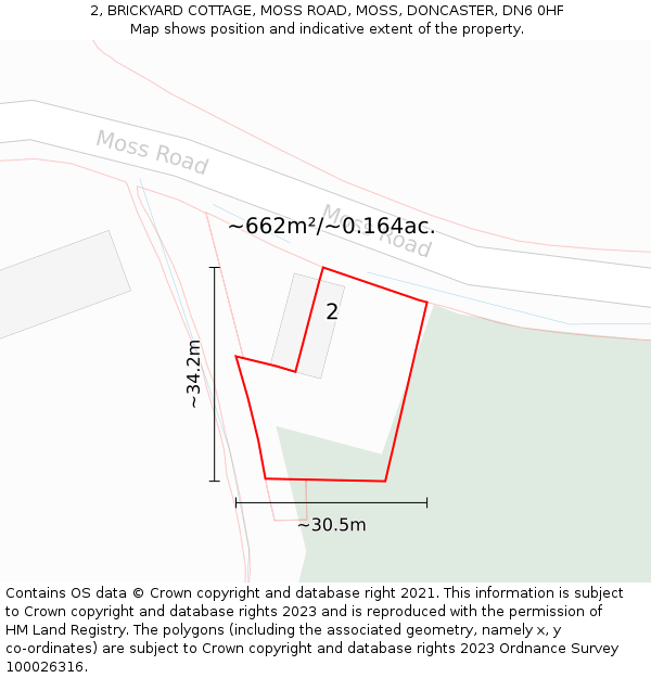 2, BRICKYARD COTTAGE, MOSS ROAD, MOSS, DONCASTER, DN6 0HF: Plot and title map