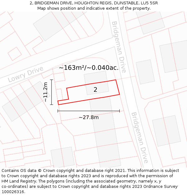 2, BRIDGEMAN DRIVE, HOUGHTON REGIS, DUNSTABLE, LU5 5SR: Plot and title map