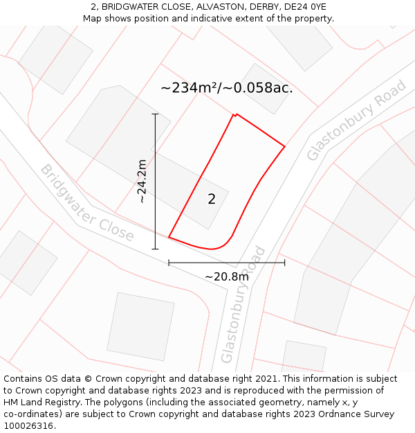 2, BRIDGWATER CLOSE, ALVASTON, DERBY, DE24 0YE: Plot and title map