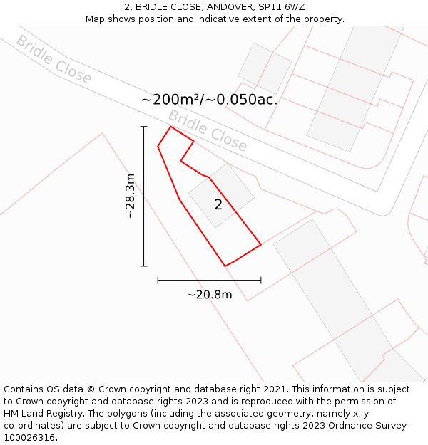 2, BRIDLE CLOSE, ANDOVER, SP11 6WZ: Plot and title map