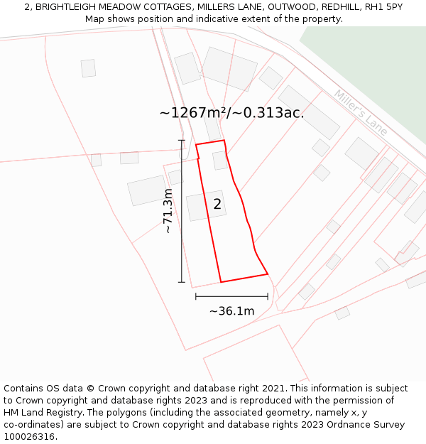 2, BRIGHTLEIGH MEADOW COTTAGES, MILLERS LANE, OUTWOOD, REDHILL, RH1 5PY: Plot and title map
