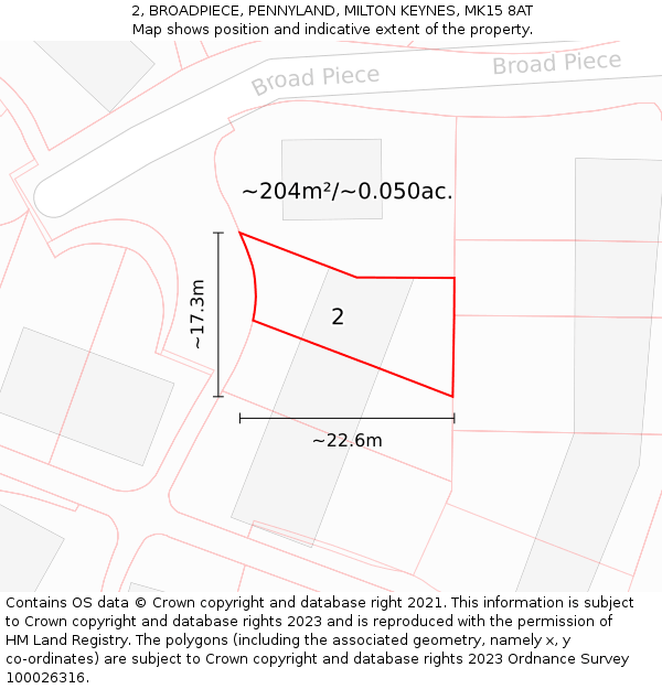 2, BROADPIECE, PENNYLAND, MILTON KEYNES, MK15 8AT: Plot and title map