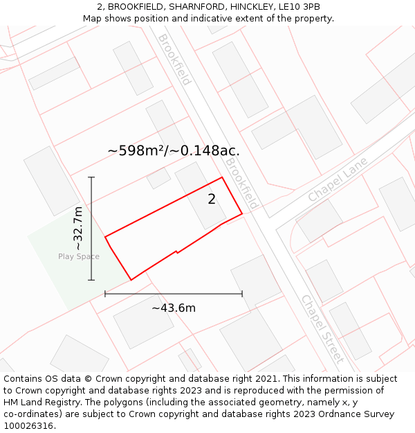 2, BROOKFIELD, SHARNFORD, HINCKLEY, LE10 3PB: Plot and title map