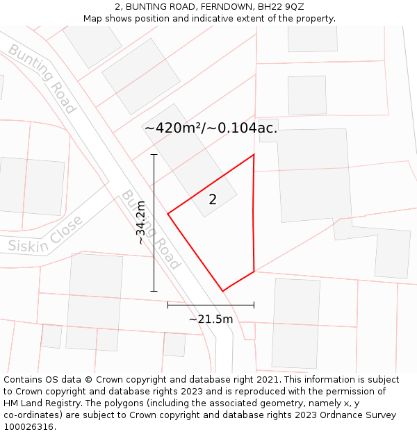 2, BUNTING ROAD, FERNDOWN, BH22 9QZ: Plot and title map