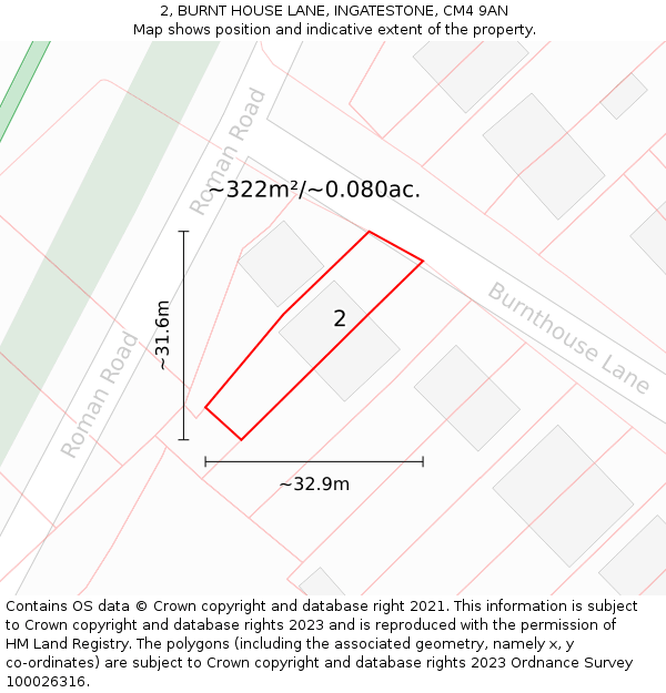 2, BURNT HOUSE LANE, INGATESTONE, CM4 9AN: Plot and title map