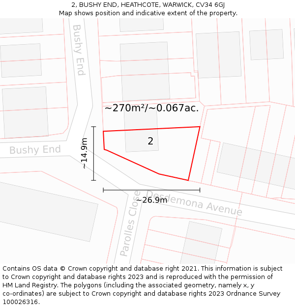 2, BUSHY END, HEATHCOTE, WARWICK, CV34 6GJ: Plot and title map