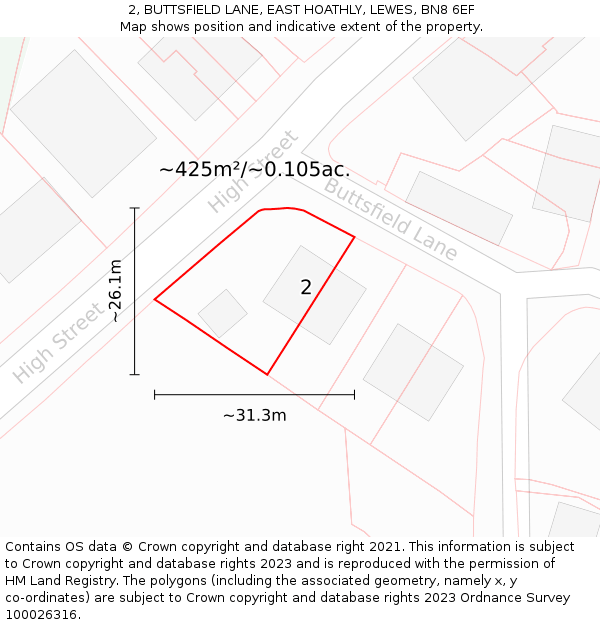 2, BUTTSFIELD LANE, EAST HOATHLY, LEWES, BN8 6EF: Plot and title map