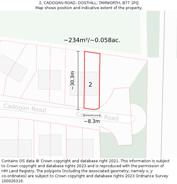 2, CADOGAN ROAD, DOSTHILL, TAMWORTH, B77 1PQ: Plot and title map